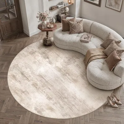 Productafbeelding van Rond vloerkleed 240 cm in beige en bruin met abstract patroon, wasbaar en met korte pluis