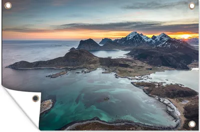 Produktbild von MuchoWow® 90x60 cm Outdoor-Poster Gartendeko Sichtschutz Garten Poster für den Garten  Fjorde bei Sonnenaufgang in Norwegen