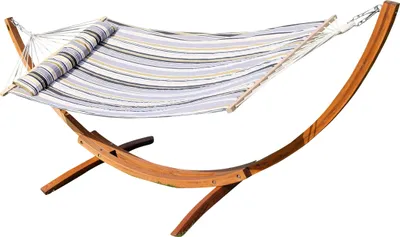 Produktbild von ALEOS. 320cm Hängemattengestell Limited Edition NAGUA Hängematte mit Gestell aus Holz Lärche Natur mit Stabhängematte grau gestreift gefüttert und Polster Schrauben aus Edelstahl