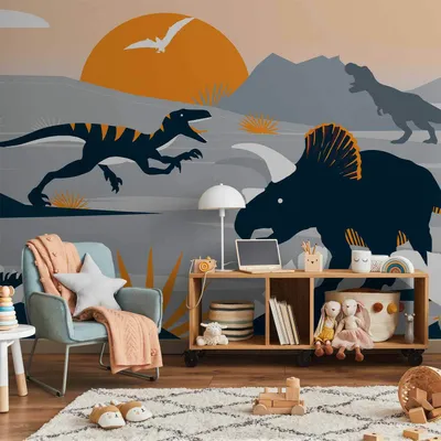 Produktbild von Vlies Fototapete - Last dinosaurs with orange - abstract landscape for a room 350x256 cm Für Kinder e-A-10014-a-c