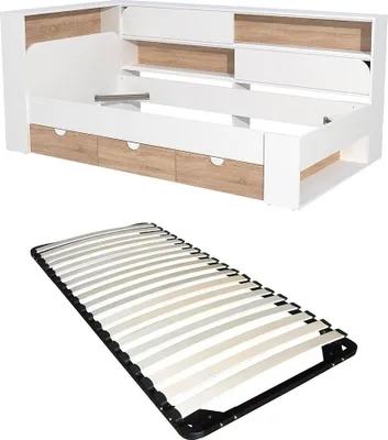 Produktbild von Bett 90 x 190 cm mit Stauraum - Farbe: Weiß und natürlich + Lattenrost - TAMADU