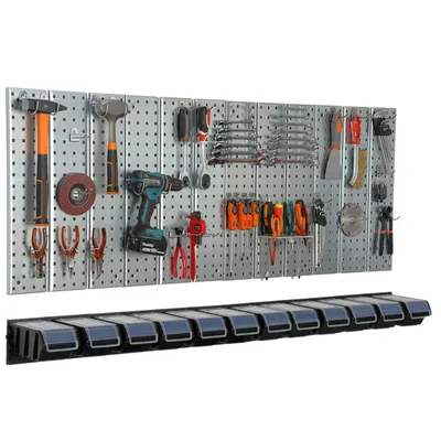 Produktbild von Werkzeugwand 156x72 cm Metall Lagersystem mit Werkzeughaltern Werkzeughaken und 12 Stapelboxen 120 x 200 x 90 mm Farbe: schwarz Lochbrett Werkstatt Garage Steckbrett Elektrowerkzeuge Lochwand