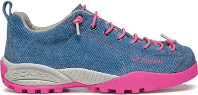 Mojito Kid Kinder Lifestyle-Schuh von Scarpa in Blau mit pinken Akzenten und Schnürung.