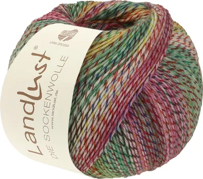 A ball of multicolored yarn for knitting socks.