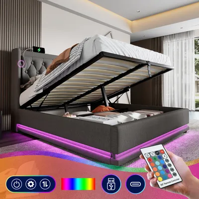 Image de Sweiko Lit double rembourré 140*200 cm,Coton gris Lit de rangement hydraulique, tête de lit rembourrée avec fonction de chargement USB Type-C, fonction LED sur 3 côtés(Sans matelas)