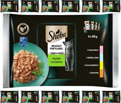 Produktbild von Sheba Delicacy Fine Flakes Selection of flavours - Nassfutter für erwachsene Katzen mit Lachs, Weißfisch, Huhn und Truthahn in Gelee, 52 Beutel á 85g