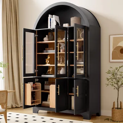 Obrázek produktu pro Okwish Moderní úložná skříň s obloukovou výklenkou, 3 skleněné vitríny, komoda s velkým úložným prostorem, nastavitelné police, černá barva