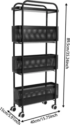 Obrázok produktu pre Úzky úložný vozík – 4-poschodový vozík na kolieskach – výsuvné koše – uhlíková oceľ – 4 kolieska, z toho 2 s brzdou – čierny