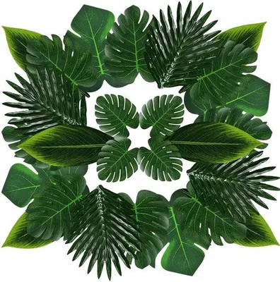 Image de 48 feuilles de monstera en plastique, 5 modèles, vert, décoration de table, fêtes sur le thème de la jungle et de la plage, décoration d'intérieur et de fête