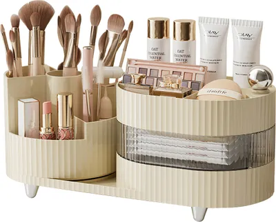 Produktbild von Um 360° drehbare Aufbewahrungsbox, Kosmetik-Aufbewahrungsbox, geeignet für Schminktisch, Schlafzimmer, Badezimmer, 35 x 14,7 x 17,5 cm, Milchweiß