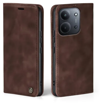 A brown leather flip case for a smartphone is shown from two angles.