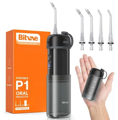 Obrázek produktu pro Bitvae - Water Flosser P1 ústní sprcha s teleskopickou nádržkou, 4 otočnými 360° tryskami, pro citlivé zuby a IPX7 - černá