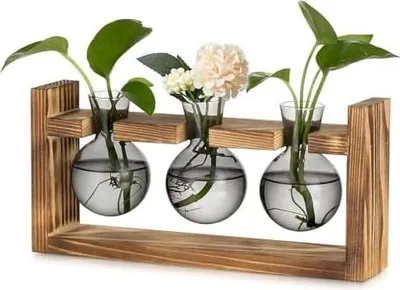 Produktbild von Glasseam Pflanzen Propagation Station für Wohnzimmer: Kleine Vase Glas Mini Terrarium mit Holz Rahmen für Home Büro Regal Tischdeko Fensterbank - Grau Blumenvase Vintage Deko für Plant Hydrokultur