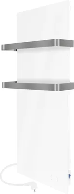 A white electric towel warmer with two silver bars is shown against a white background.