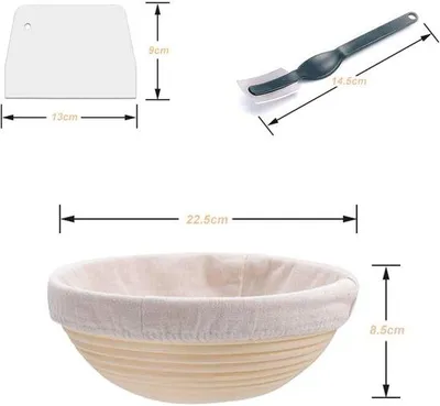 Productafbeelding van Voarge Ronde gistmand, diameter 25 cm, hoogte 8,5 cm, een handgemaakte natuurlijke rijsmand, met linnen inzetstuk, deegspatel, broodmes (rond)