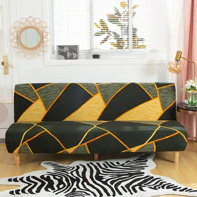 Produktbild von Stretch Armless Futonbezüge Futon Couchbezüge Schonbezug Möbelschutzbezüge mit elastischem Boden, weicher, dicker Jacquard, waschbar,Gelbes und schwarzes Nähgitter