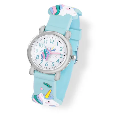 Produktbild von Taffstyle Kinder Armbanduhr Einhorn Unicorn Gummi Silikon Mädchen Jungen Kinderuhr Analog Farbige Lernuhr Bunte Uhr Regenbogen, Hellblau