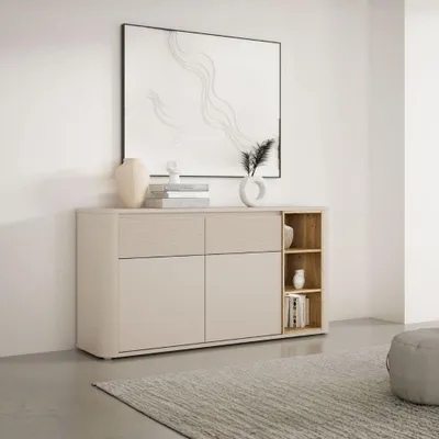 Immagine prodotto di Madia Origin Core 2 ante 2 cassetti con vani a giorno 160 cm cashmere e dettaglio rovere
