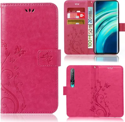 A collage of images showing a pink flip phone case with a floral and butterfly design, including a view of the case open with cards and cash inserted, and a view of the back of the case with the phone inserted.