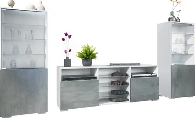 Produktbild von Vladon Wohnwand Granada, Anbauwand bestehend aus 2 Vitrinen und 1 TV-Board, Weiß matt/Beton Dunkel Optik (286 x 122,5 x 35 cm)