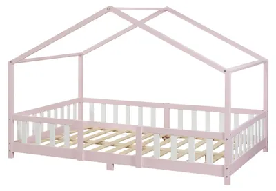 Produktbild von Kinderbett ’Treviolo‘ in Haus-Optik mit Rausfallschutz Kiefernholz 120 x 200 cm Rosa / Weiß