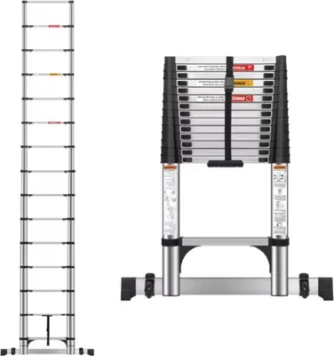 Image de Zyrell Echelle télescopique pliante - 5 m - Forme A & Echelle droite - Acier inoxydable - Echelle d'extension 2 en 1 - Capacité de charge 150 kg