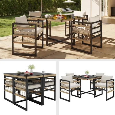 Produktbild von Handgeflochtenes Gartensofa-Set für 4 Personen / Aus robustem Eisen mit 4 beigen Kissen / Inkl. 1 Tisch aus Sicherheitsglas & 4 Sesseln / Wetterfeste Terrassenmöbel