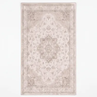 Produktbild von Vika Living Vintage-Teppich Kurzflor 150x80 cm – Waschbar & Rutschfest – Dünner Teppich für Wohnzimmer, Schlafzimmer & Flur – Medaillon Beige-Creme