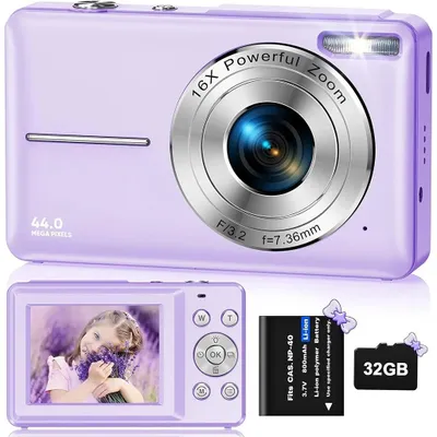 Image de Appareil photo pour enfants - Appareil photo numérique compact - Vidéo 1080p - 44 MP - Zoom numérique 16x - Écran de 6,1 cm - Carte mémoire de 32 Go incluse - Violet