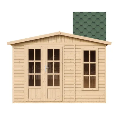 Produktbild von Gartenhaus Holz 6 m2 - H232 x 332 x 222 cm - Große multifunktionale Gartenhütte - Gerätehaus Holz Garten-Studio – Grün bituminöse Schindeln - TIMBELA M334FB+H334FBGREEN