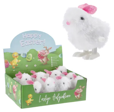 Produktbild von Hüpfendes Häschen zum Aufziehen 12er Set Display 5x8x7cm weiß Kunststoff Plüsch Aufziehspielzeug Osterdekoration Osterhase