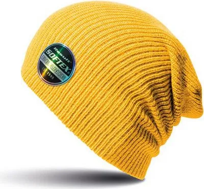A yellow beanie hat is shown against a white background.