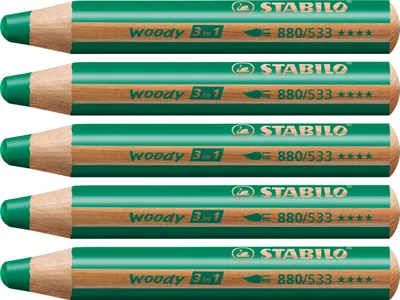 Produktbild von Buntstift, Wasserfarbe & Wachsmalkreide - STABILO woody 3 in 1 - 5er Pack - dunkelgrün