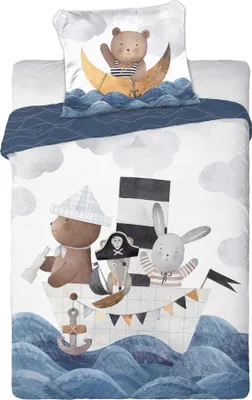 A children's bedding set with a boat and animal characters.