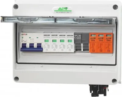A white electrical distribution box with various components inside, including circuit breakers and surge protectors.