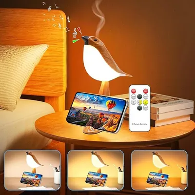 Produktbild von Kleine Vogeltischlampe,2600mAh USB kabellose Lampe,3 Farbtemperaturen,Smartphone Halterung,Aroma Diffusor,Vogelklang,tragbare Nachttischlampe(Gelb)