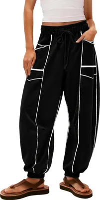 Produktbild von ASKSA Damen Hose Trainingshose Kordelzug Baggy Jogginghose Y2K Patchwork Loose Fit Stretch High Waist Streetwear Sporthose (Schwarz,L)
