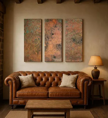Imagen del producto de CopperAndCraft: Cuadro de pared de cobre auténtico, compuesto por 3 paneles, de 150x150 cm. Obra de arte en metal hecha a mano, decoración de pared moderna y rústica, fabricado en Europa