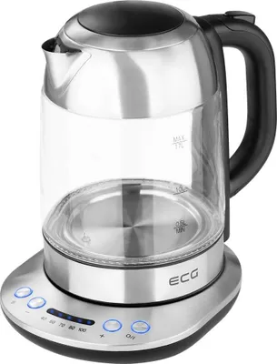 A studio shot of a glass electric kettle on its base.