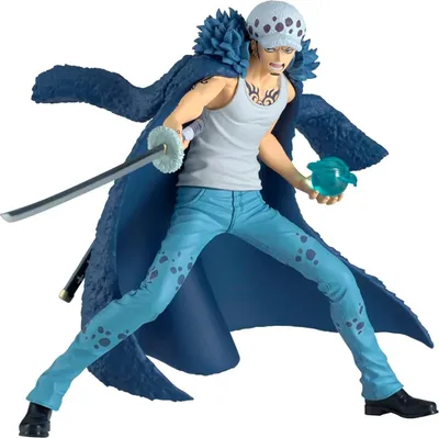 A figurine of a character from the anime One Piece, Trafalgar Law, in a dynamic pose.