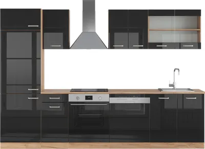 Produktbild von Küchenzeile Vicco R-Line Schwarz Hochglanz/Goldkraft Eiche 300 cm ohne Arbeitsplatte, Model 40974
