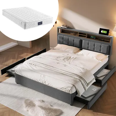 Immagine prodotto di Letto matrimoniale con 4 cassetti& presa USB C, letto imbottito 140x200cm, testata regolabile in altezza, rete a doghe in legno (con materasso)