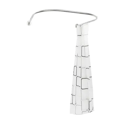 A shower curtain rod with a shower curtain hanging from it, against a white background.