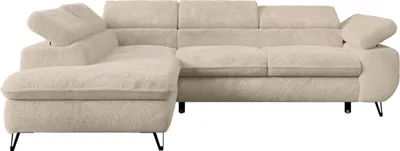 Produktbild von Ecksofa Sofa Creme, Wohnlandschaft L-Form mit Schlaffunktion und Bettkasten, Schlafsofa mit Bettkasten, Sofa mit Einstellbare Kopfstützen, Peter L - Creme Plüsch - Links Creme