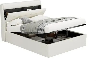 Produktbild von Pu-Hydraulikbett 140x190 Ohne Matratze Weiss Led Usb Stauraum Schubladen Lattenrost Kopfteil Polsterbett Jugendbett Bett