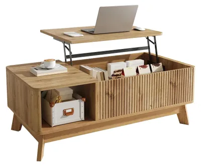 Obrázok produktu pre Moderný konferenčný stolík s funkciou zdvíhania – vlnový dizajn – otvorená bočná zásuvka – vyrobený z MDF – úložný priestor – minimalistický štýl – prírodný vzhľad