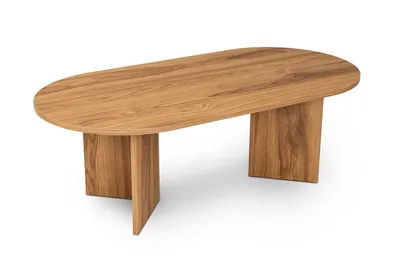 A wooden oval coffee table on a white background.