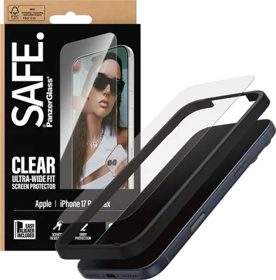 Product packaging for a screen protector, with a model shown on the packaging.