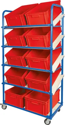 Produktbild von Schrägboden-Regalwagen mit 5 Ebenen, bestückt mit 10 Euroboxen 600x400x220 mm rot