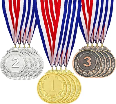 Imagen del producto de 12 medallas: oro, plata, bronce, metálicas, con cintas, en 3 colores, para competiciones
